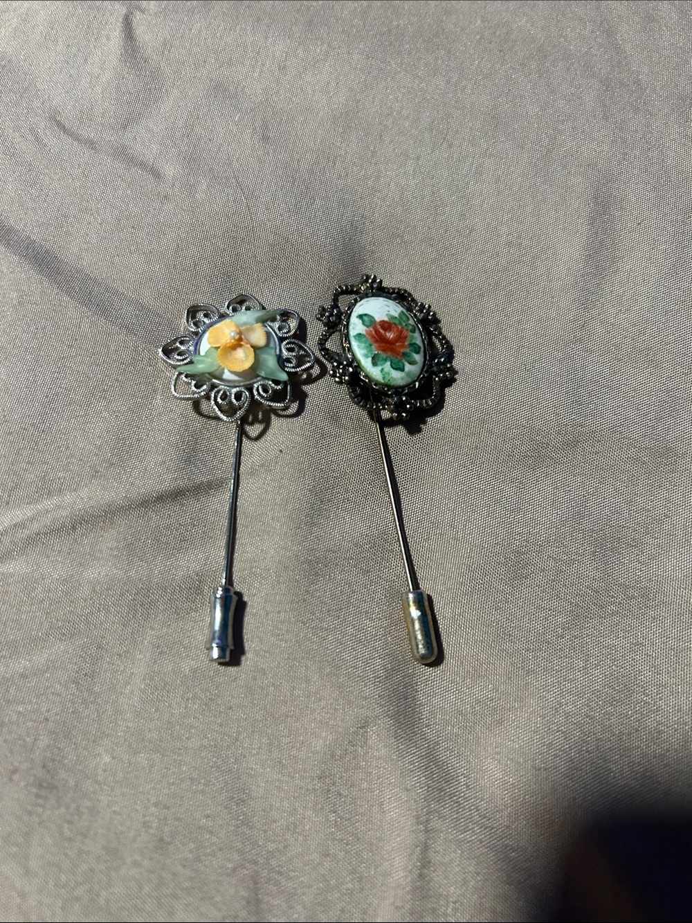 Vintage Porcelain Floral Stick Pins - Yellow & Red Accents